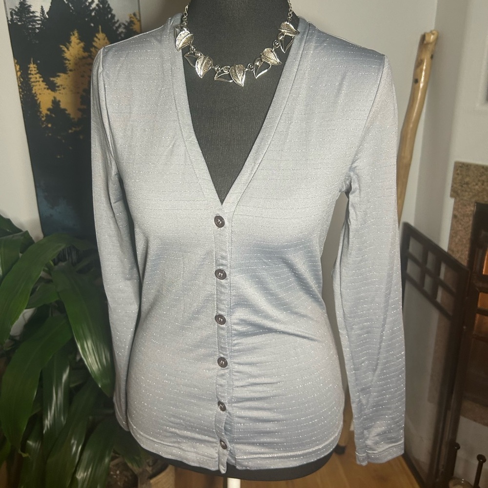 Y2K Currants Button Up Long Sleeve Gray metallic Shirt Women's Small spandex